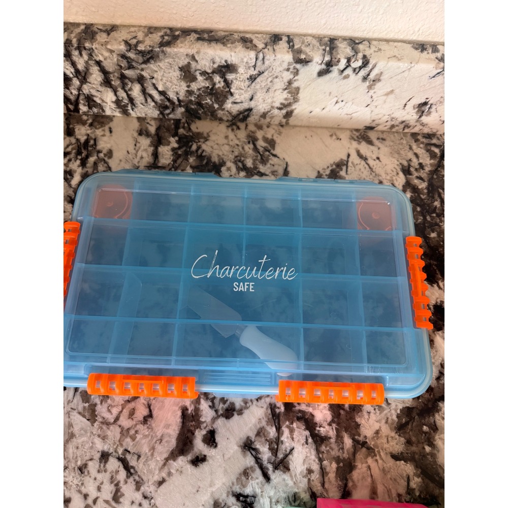 Charcuterie Safe Portable Snack Box Blue With Orange Latches and Knife Set